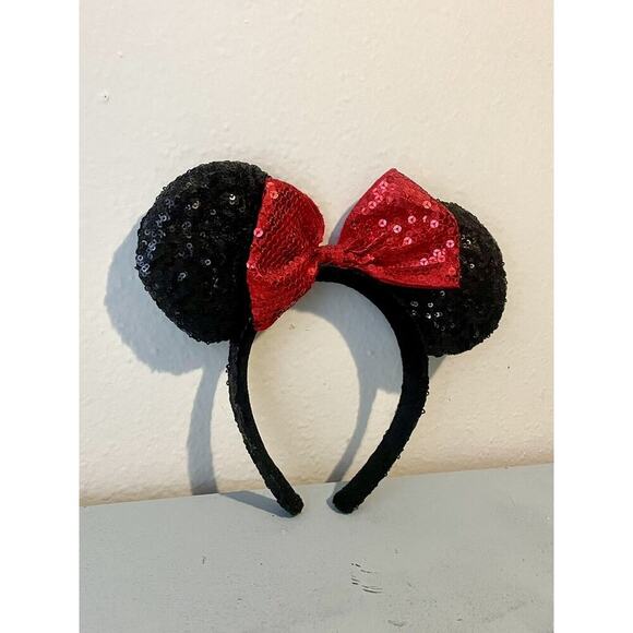 Disney Parks ORIGINAL MINNIE MOUSE BLACK SEQUIN Ears RED BOW Headband - Picture 2 of 4